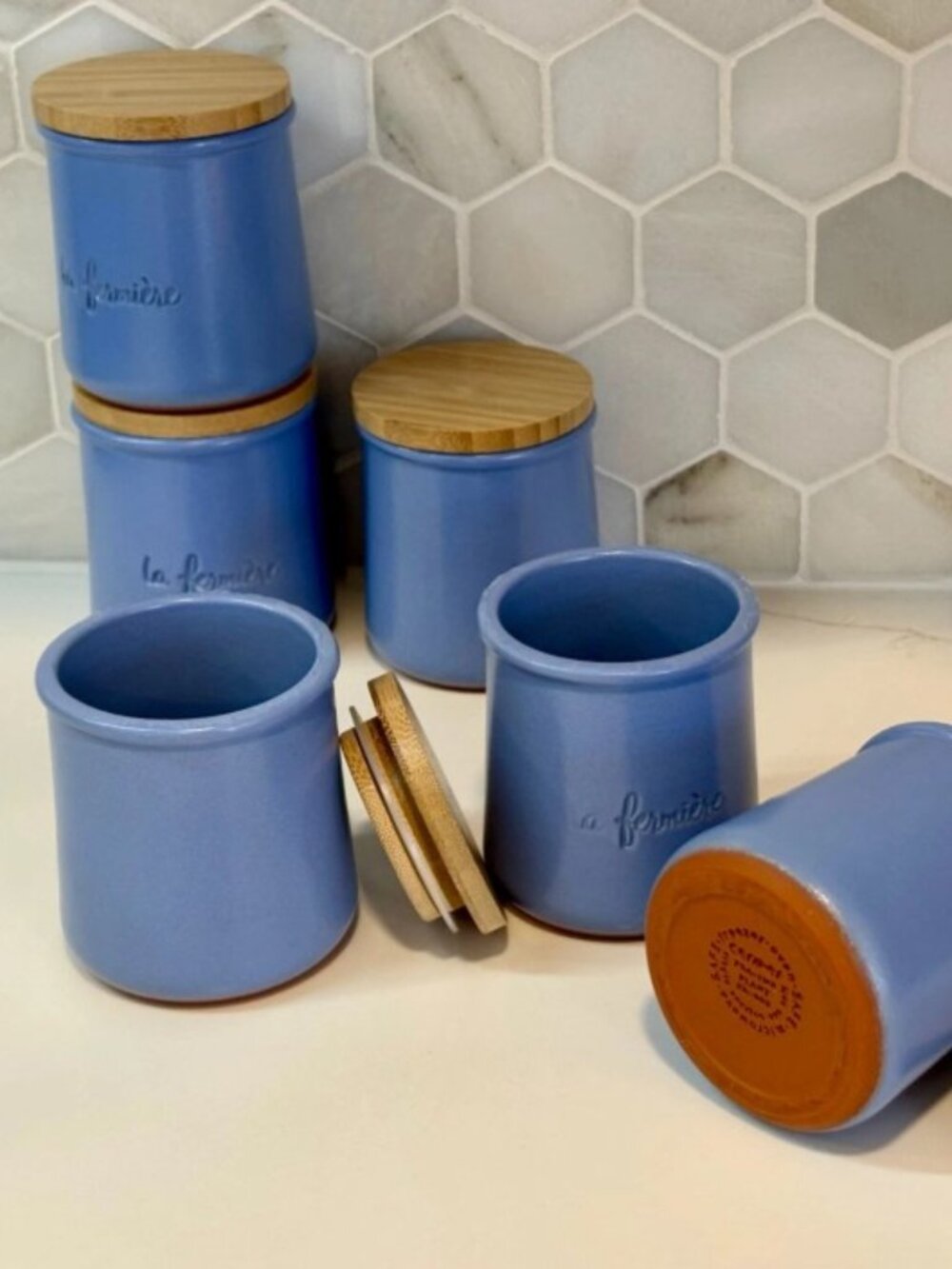 6 La fermiere periwinkle blue terracotta empty yogurt pots with 6 bamboo lids
